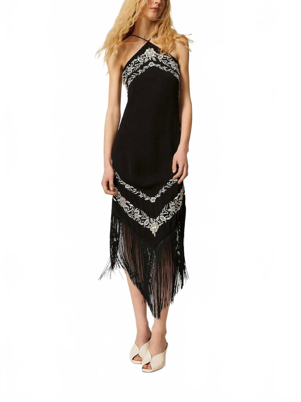 NEW TWINSET flower embroidered midi dress in black